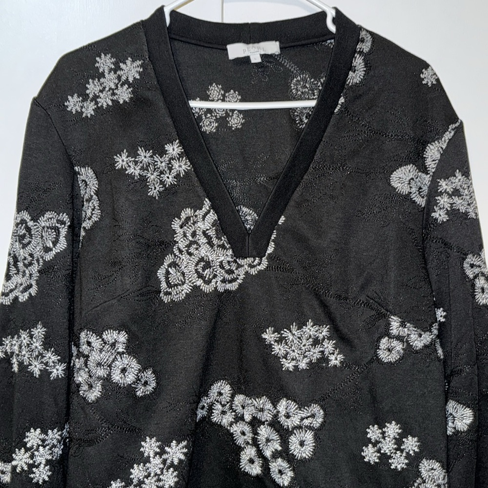 Pearl by Lela Rose Embroidered Jersey V-Neck Tunic Sweatshirt Black Women’s L - Picture 4 of 11